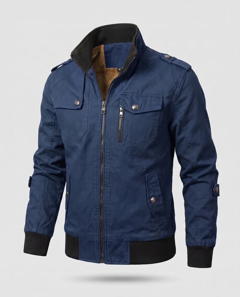 Herren Utility-Style Canvas-Feldjacke mit Schulterklappen, Reißverschluss und gerippten Bündchen Nord Taschen