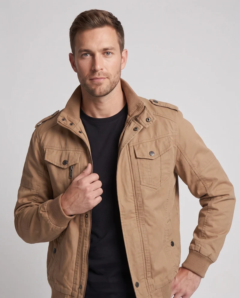 Herren Canvas Feldjacke im Militärlook mit Stehkragen, Schulterklappen und Brustklapptaschen Nord Taschen