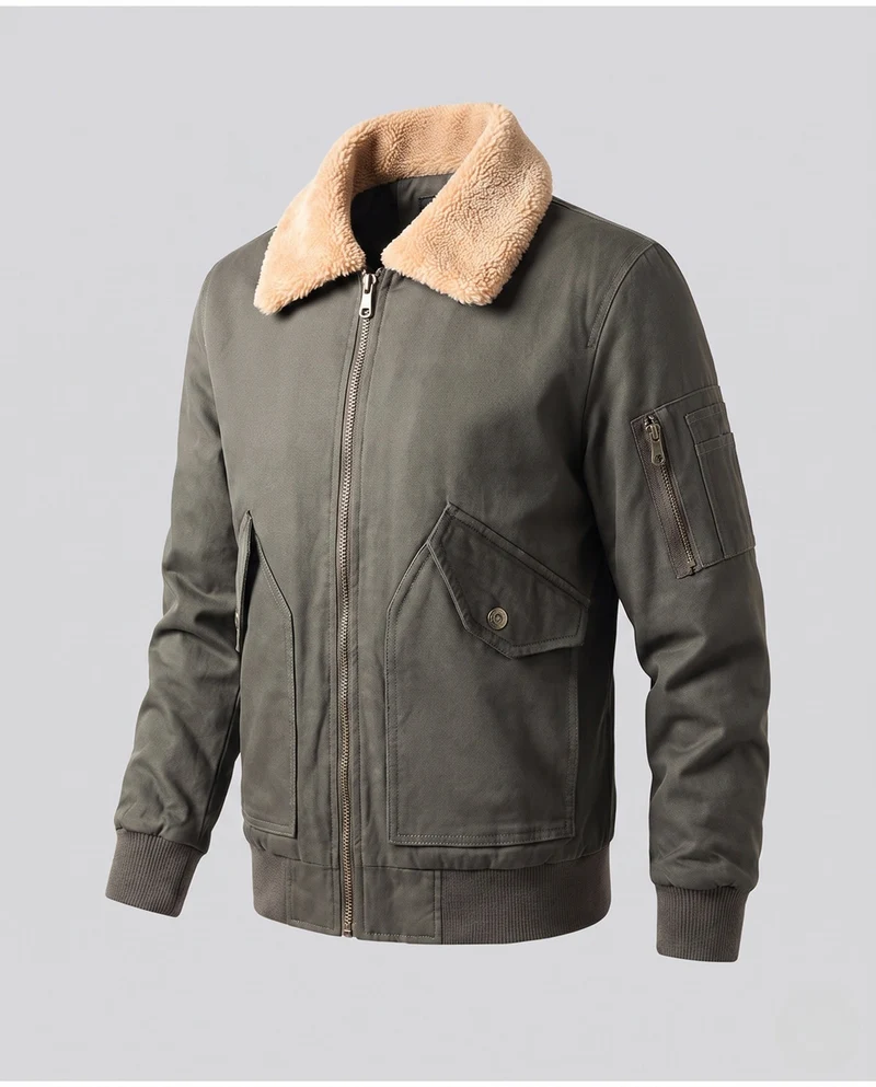 Herren Canvas Bomberjacke mit Teddykragen, Utility-Taschen an den Ärmeln und winddichter Außenschicht Nord Taschen