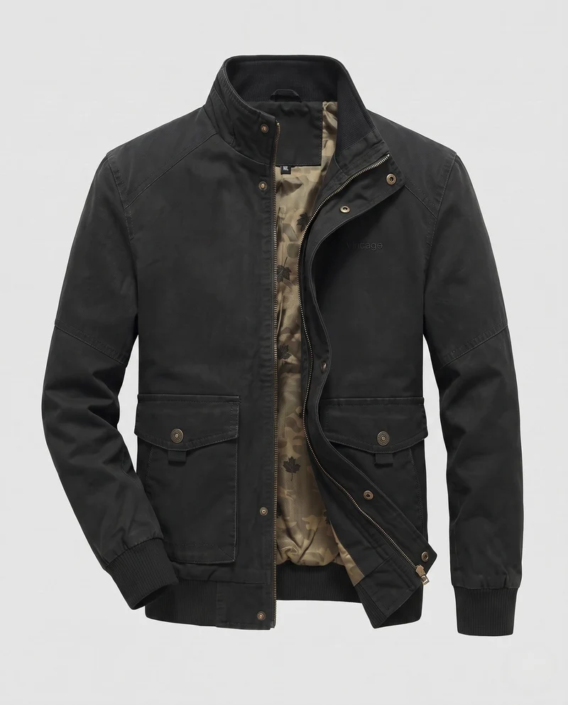 Herren Canvas-Blouson mit gerippten Bündchen, verdecktem Frontreißverschluss und Camouflage-Futter Nord Taschen
