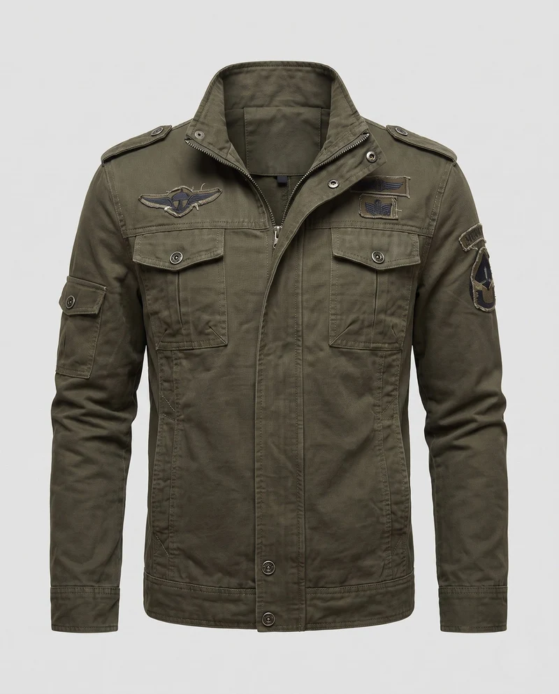Herren Kurzmantel aus Canvas im Militärstil mit Brustklappen Taschen und Stehkragen Nord Taschen