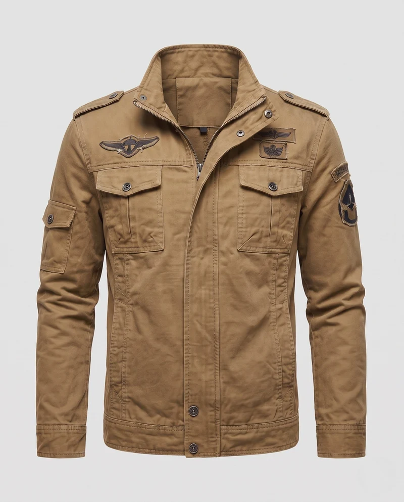 Herren Kurzmantel aus Canvas im Militärstil mit Brustklappen Taschen und Stehkragen Nord Taschen