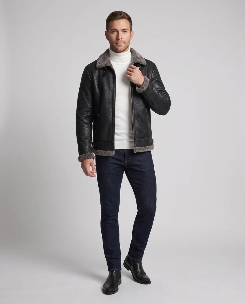 Herren Jacke aus synthetischem Leder mit vollem Teddy-Fleece-Futter und hohem Stehkragen Nord Taschen