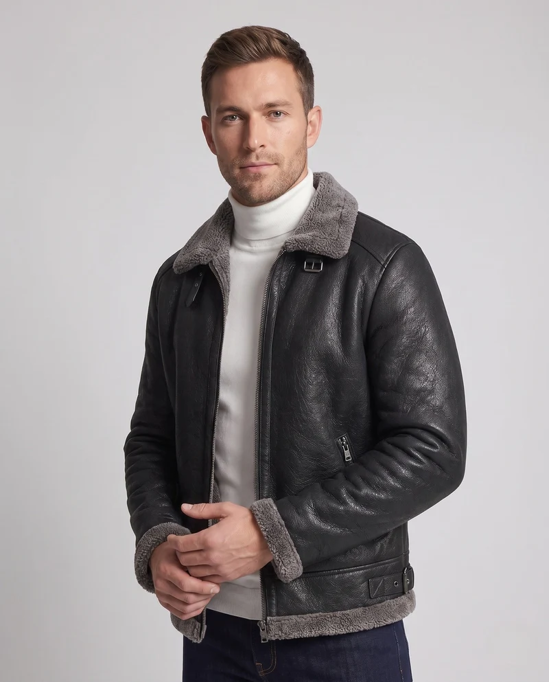 Herren Jacke aus synthetischem Leder mit vollem Teddy-Fleece-Futter und hohem Stehkragen Nord Taschen