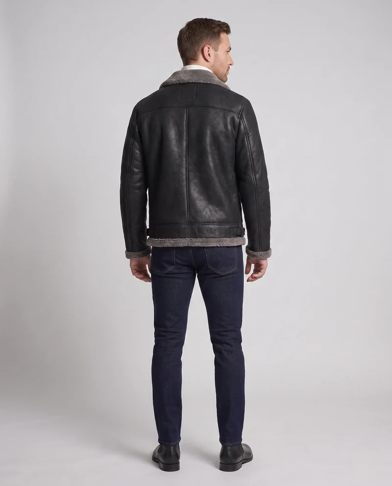 Herren Jacke aus synthetischem Leder mit vollem Teddy-Fleece-Futter und hohem Stehkragen Nord Taschen