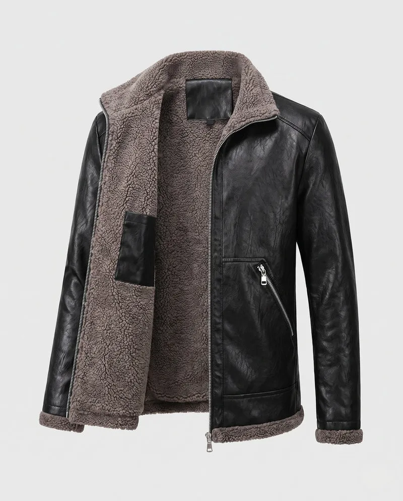 Herren Jacke aus synthetischem Leder mit vollem Teddy-Fleece-Futter und hohem Stehkragen Nord Taschen