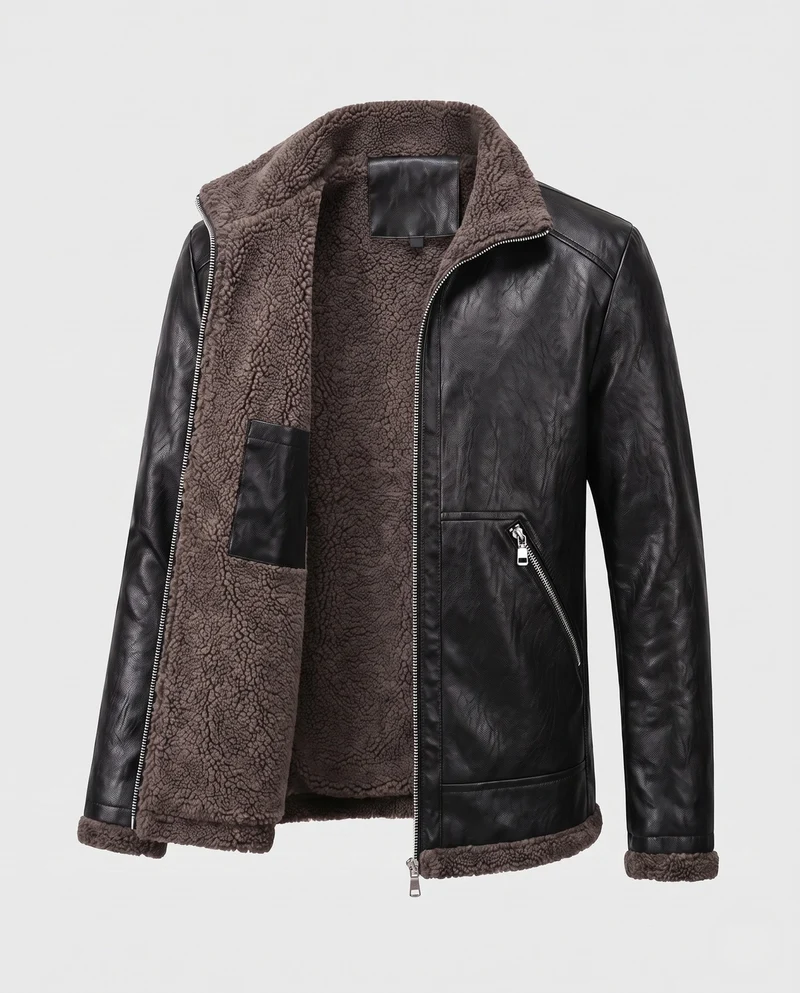 Herren Jacke aus synthetischem Leder mit vollem Teddy-Fleece-Futter und hohem Stehkragen Nord Taschen