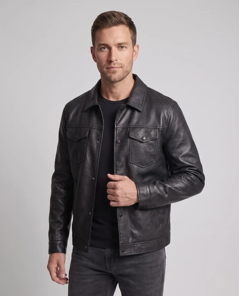 Herren Faux-Leder Truckerjacke mit geprägtem Monogramm, Druckknopfverschluss und Klapptaschen Nord Taschen