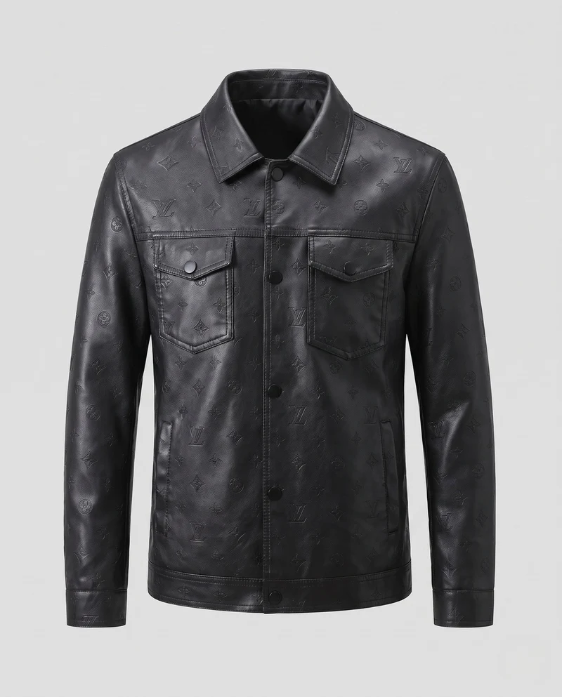 Herren Faux-Leder Truckerjacke mit geprägtem Monogramm, Druckknopfverschluss und Klapptaschen Nord Taschen