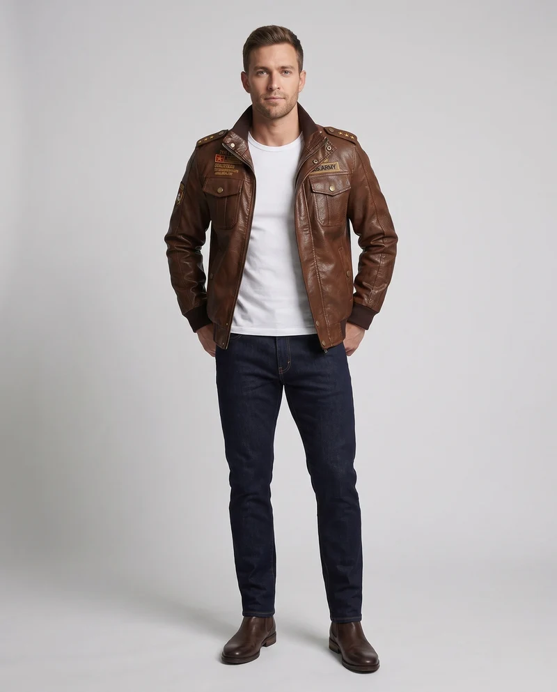 Herren Pilotjacke aus synthetischem Leder mit wärmendem Teddy-Futter und Schulterabzeichen Nord Taschen