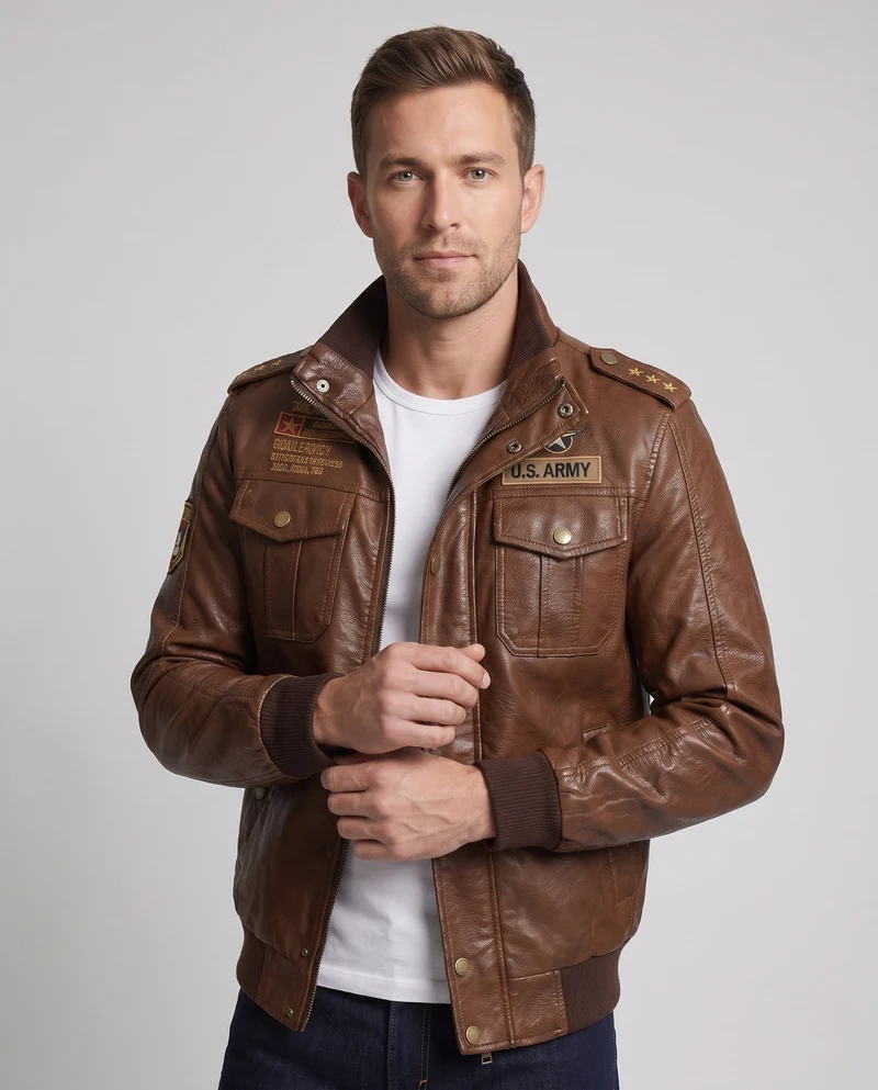 Herren Pilotjacke aus synthetischem Leder mit wärmendem Teddy-Futter und Schulterabzeichen Nord Taschen