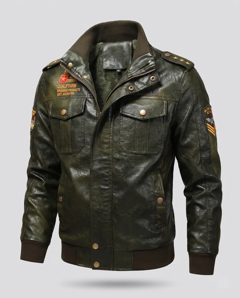 Herren Pilotjacke aus synthetischem Leder mit wärmendem Teddy-Futter und Schulterabzeichen Nord Taschen