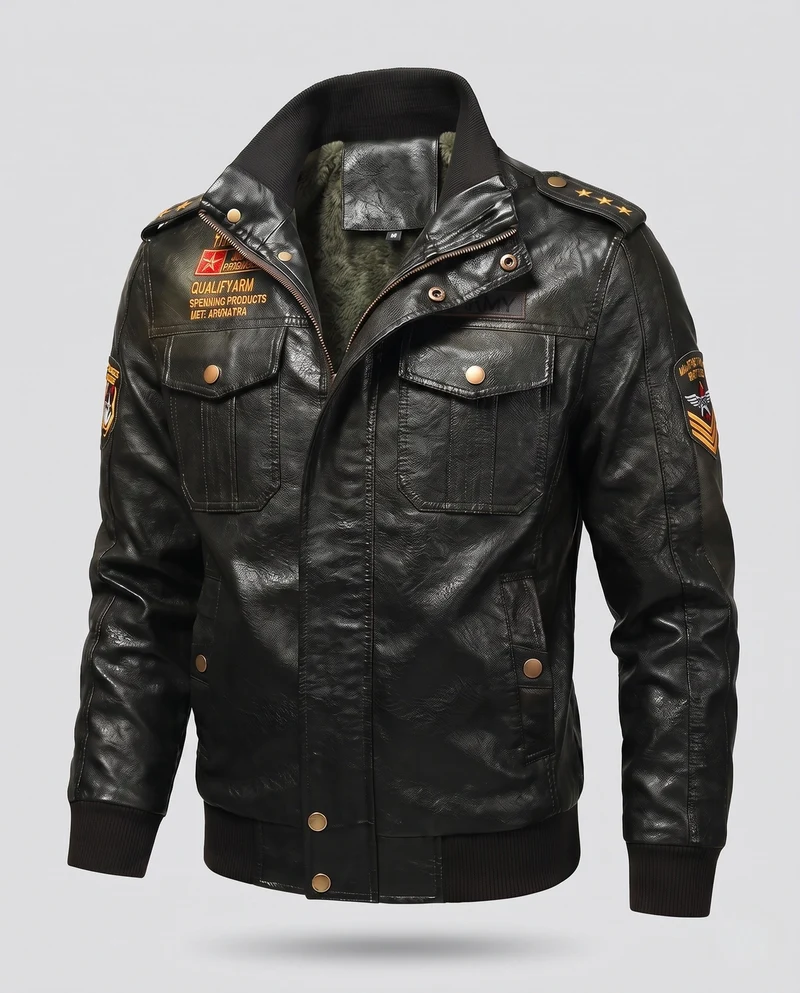 Herren Pilotjacke aus synthetischem Leder mit wärmendem Teddy-Futter und Schulterabzeichen Nord Taschen