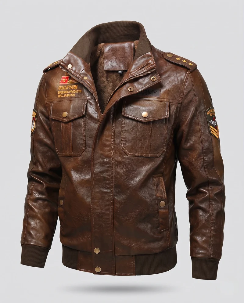 Herren Pilotjacke aus synthetischem Leder mit wärmendem Teddy-Futter und Schulterabzeichen Nord Taschen