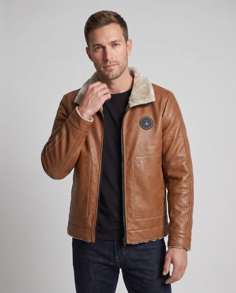Herren Pilotenjacke aus Kunstleder mit Teddy-Futter, Reißverschluss und dekorativen Nähten Nord Taschen