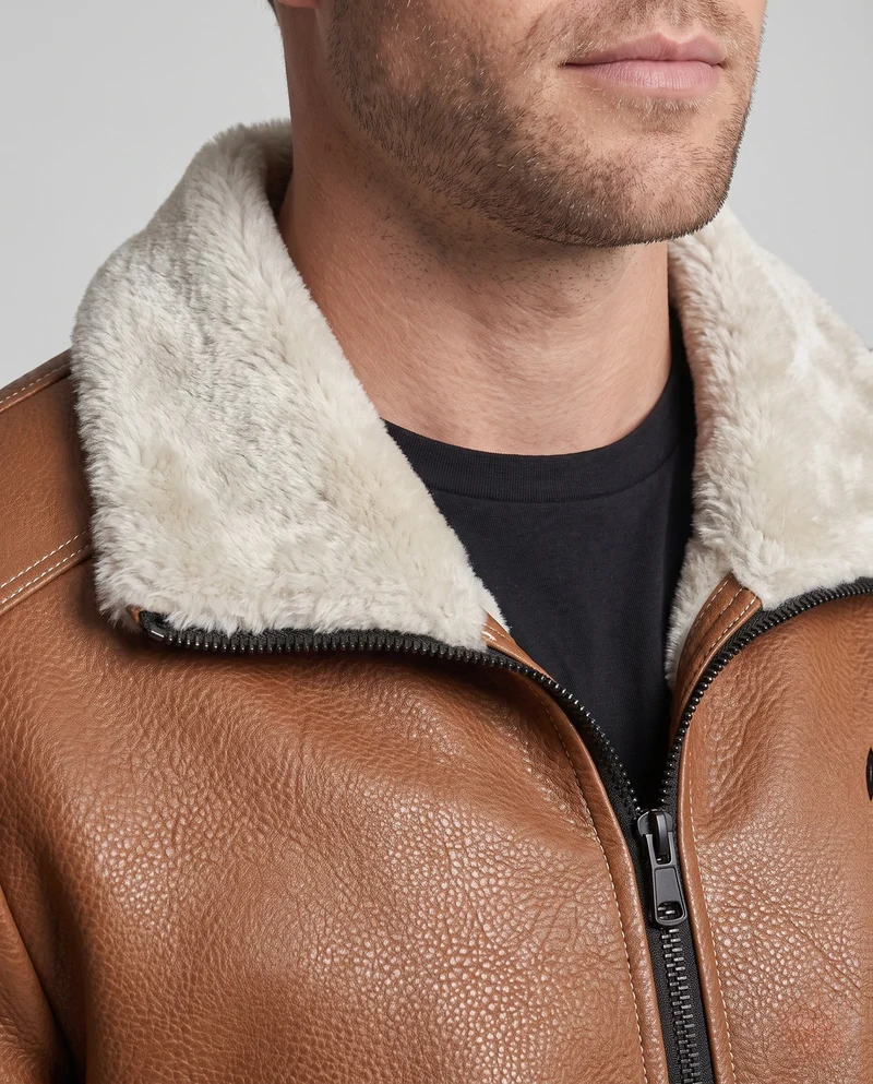 Herren Pilotenjacke aus Kunstleder mit Teddy-Futter, Reißverschluss und dekorativen Nähten Nord Taschen