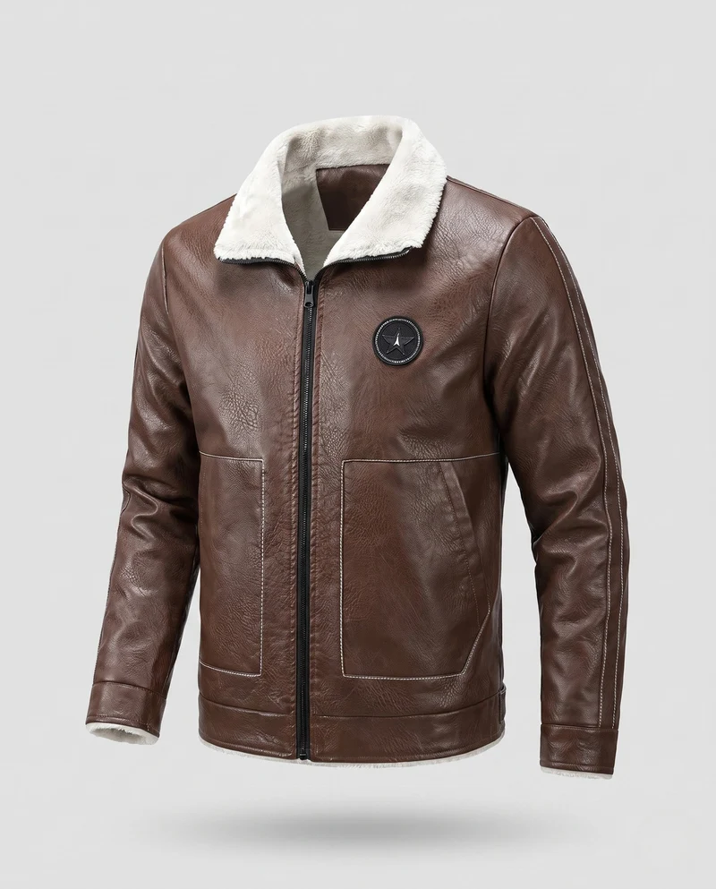 Herren Pilotenjacke aus Kunstleder mit Teddy-Futter, Reißverschluss und dekorativen Nähten Nord Taschen