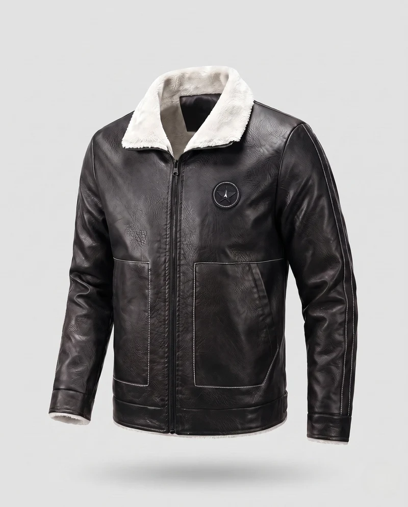Herren Pilotenjacke aus Kunstleder mit Teddy-Futter, Reißverschluss und dekorativen Nähten Nord Taschen