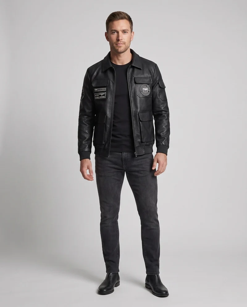 Herren-Faux-Leder-Feldjacke im Pilotstil mit Utility-Taschen und Patch-Details Nord Taschen