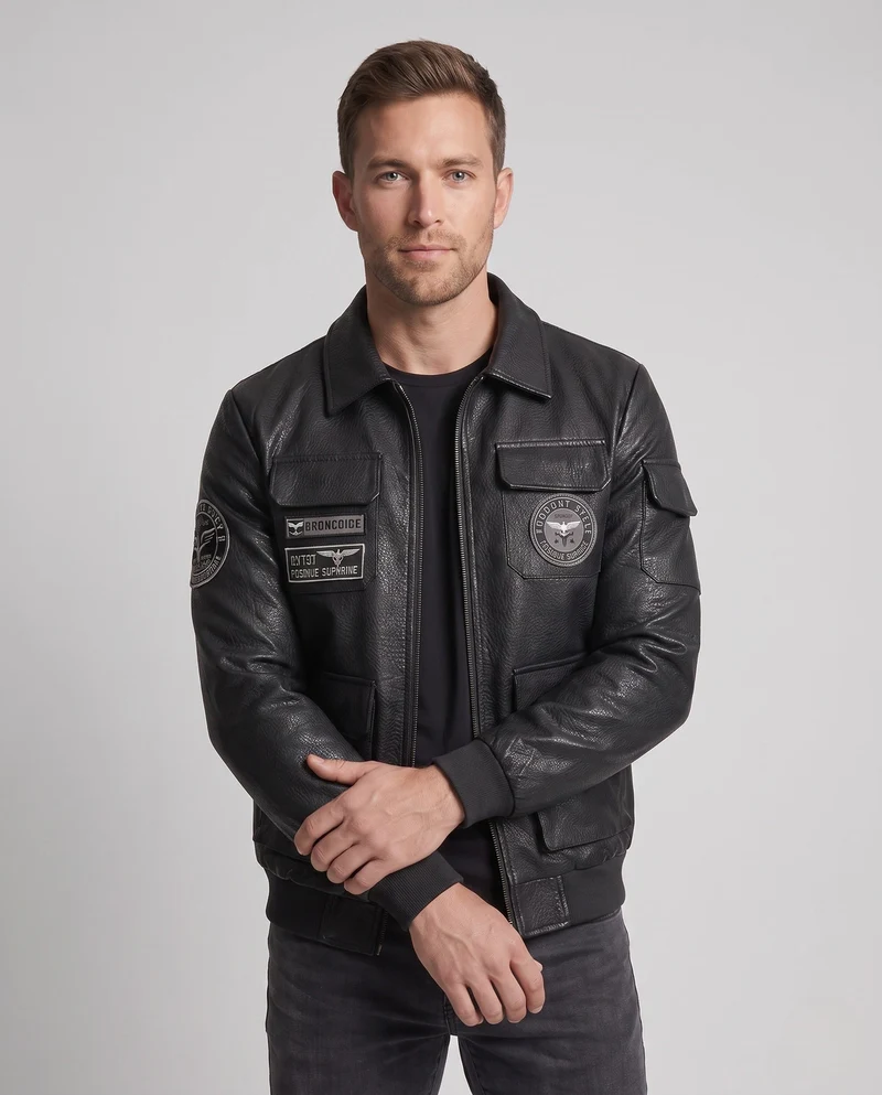 Herren-Faux-Leder-Feldjacke im Pilotstil mit Utility-Taschen und Patch-Details Nord Taschen
