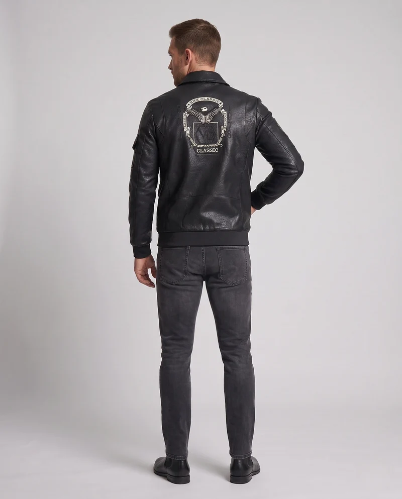Herren-Faux-Leder-Feldjacke im Pilotstil mit Utility-Taschen und Patch-Details Nord Taschen