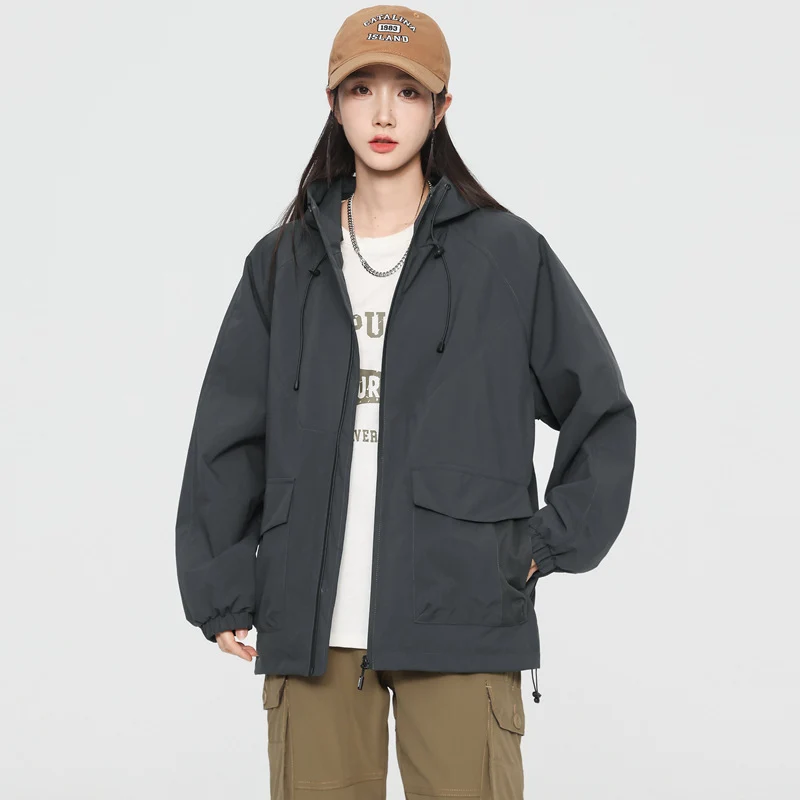 Damen Oversize Windbreaker Jacke mit Kapuze und Cargotaschen Nord Taschen