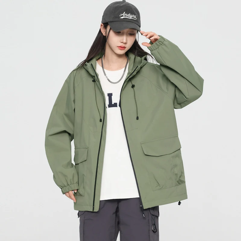 Damen Oversize Windbreaker Jacke mit Kapuze und Cargotaschen Nord Taschen