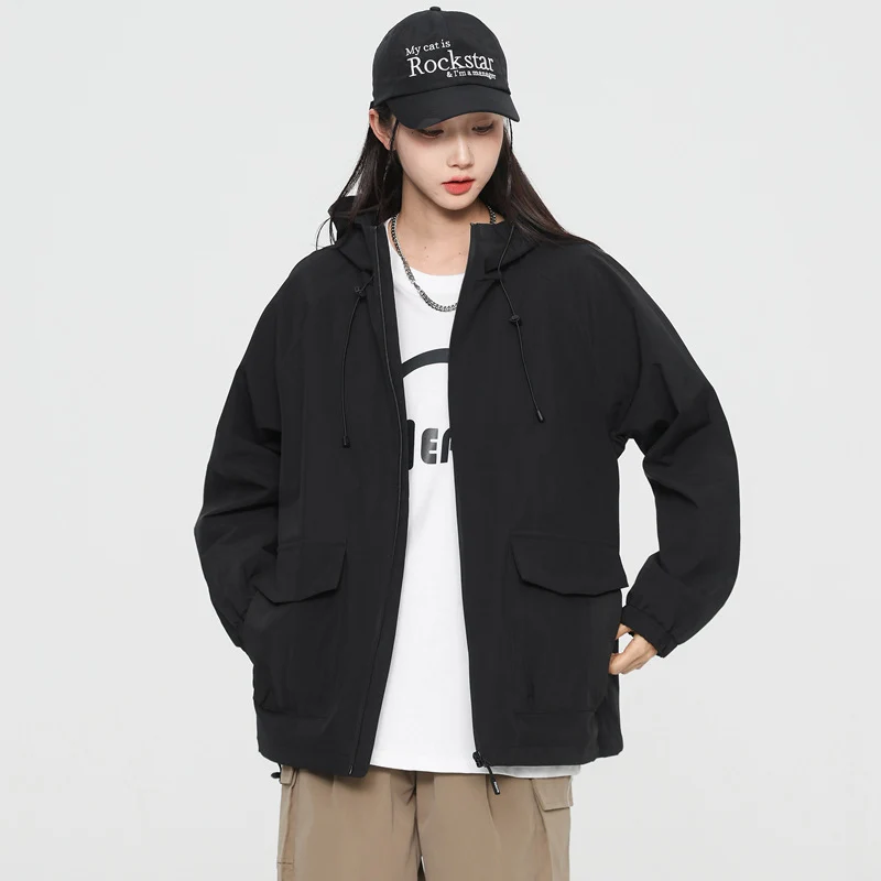 Damen Oversize Windbreaker Jacke mit Kapuze und Cargotaschen Nord Taschen