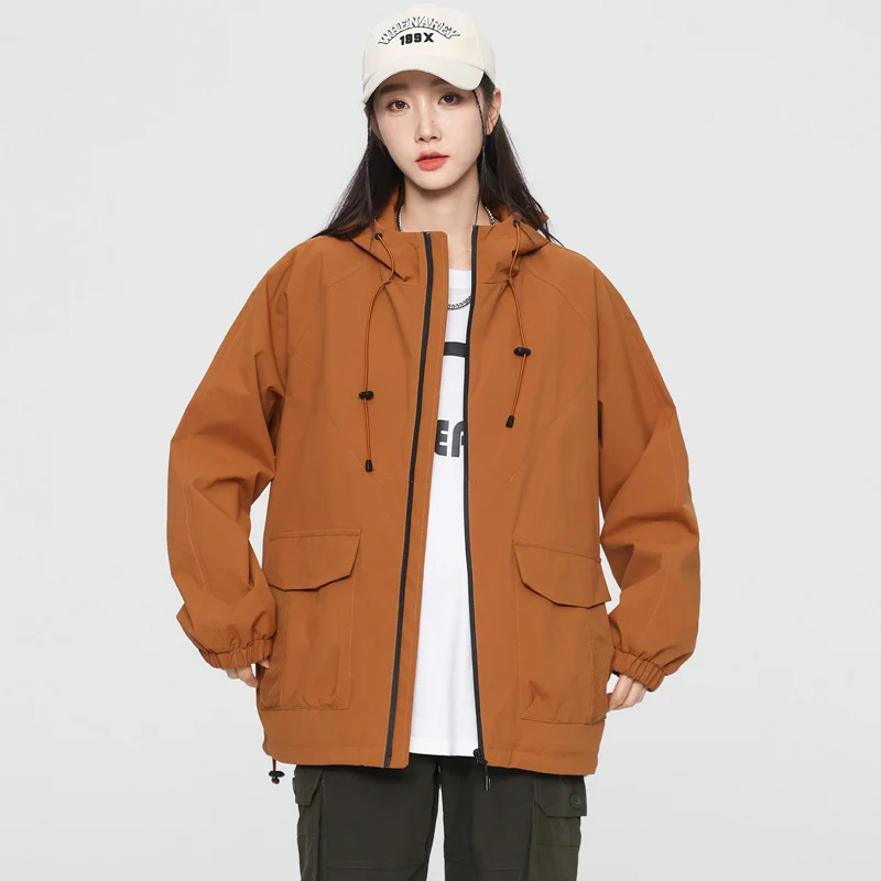 Damen Oversize Windbreaker Jacke mit Kapuze und Cargotaschen Nord Taschen