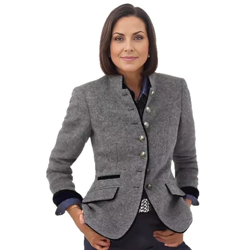 Damen Taillierter Walkblazer mit Stehkragen, Samtbesatz und Zierknöpfen Nord Taschen