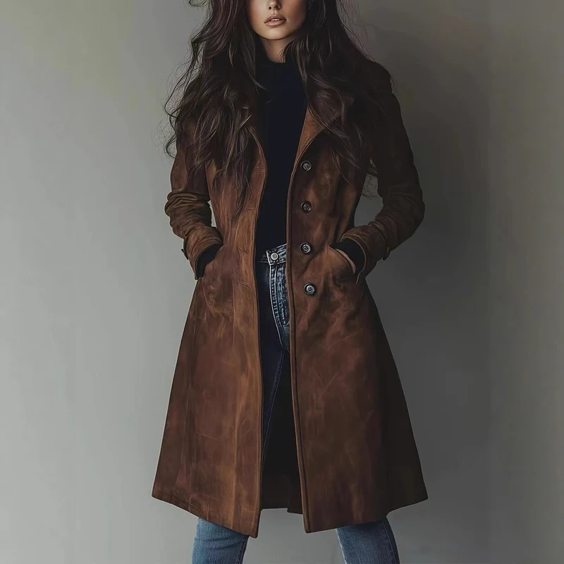Damen Taillierter langer Mantel mit A-Linien-Silhouette und klassischer Knopfleiste Nord Taschen