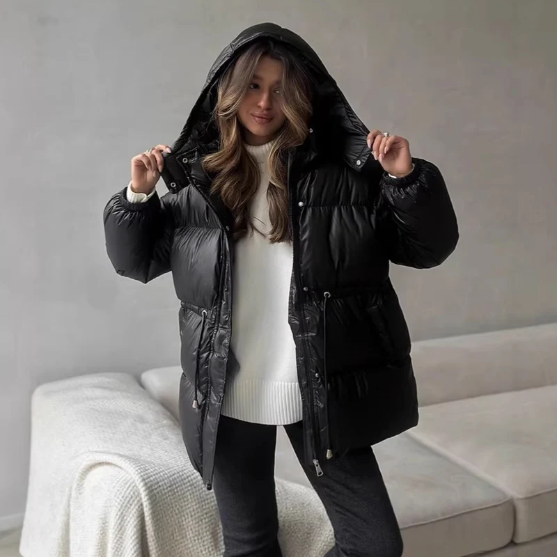 Damen Steppdaunenjacke mit tailliertem Kordelzug und Kapuze Nord Taschen