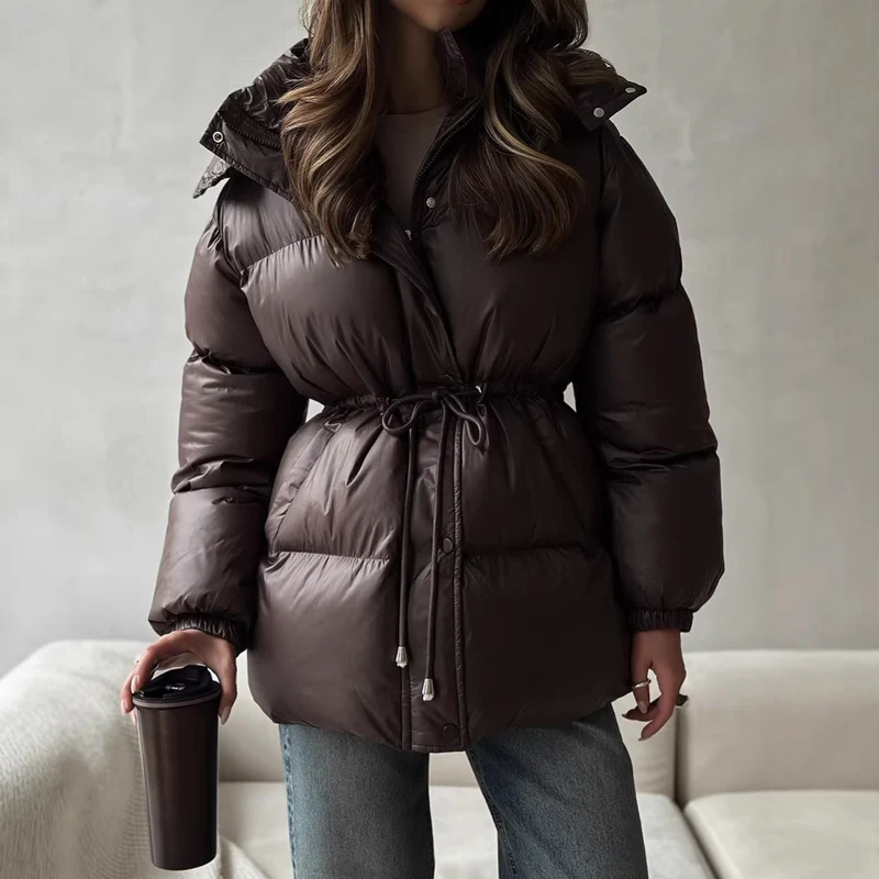 Damen Steppdaunenjacke mit tailliertem Kordelzug und Kapuze Nord Taschen