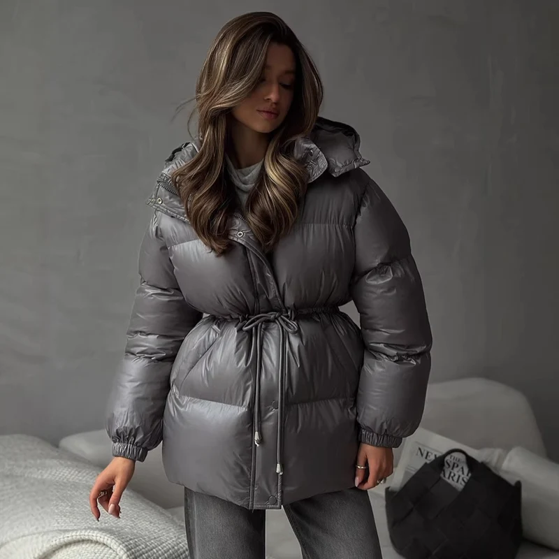 Damen Steppdaunenjacke mit tailliertem Kordelzug und Kapuze Nord Taschen