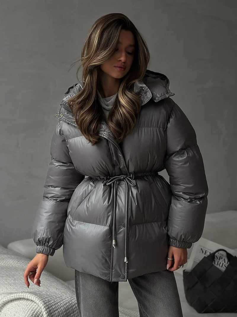 Damen Steppdaunenjacke mit tailliertem Kordelzug und Kapuze Nord Taschen