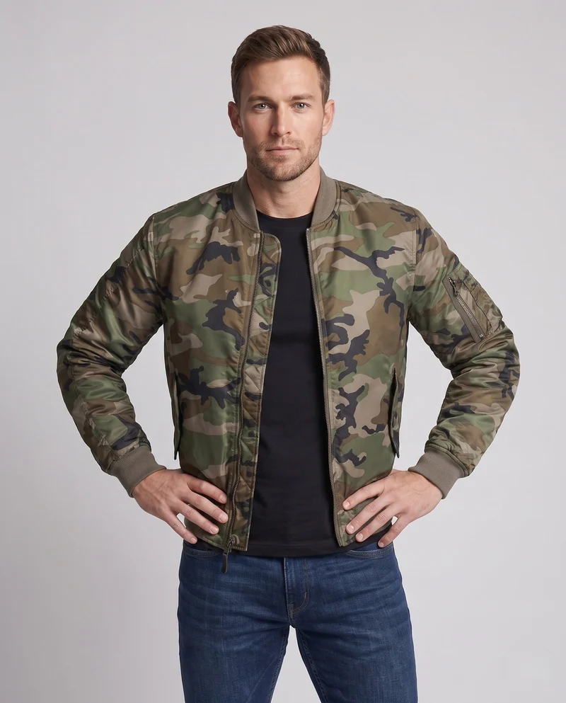 Herren Camouflage Flug-Bomber mit Utility-Arm-Tasche und gerippten Bündchen Nord Taschen