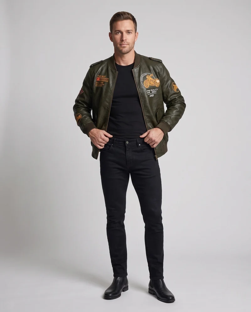 Männer Biker-Style Faux-Leder Bomberjacke mit gefüttertem Thermoinnenfutter und Stickerei-Anwendungen Nord Taschen