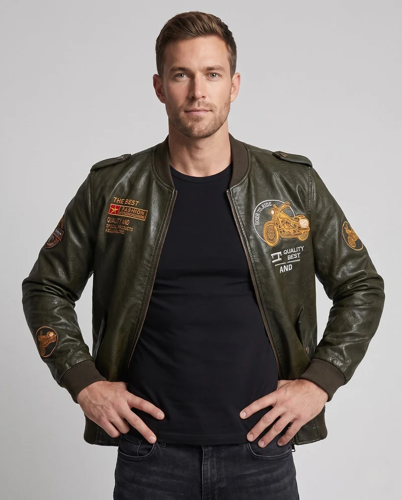 Männer Biker-Style Faux-Leder Bomberjacke mit gefüttertem Thermoinnenfutter und Stickerei-Anwendungen Nord Taschen