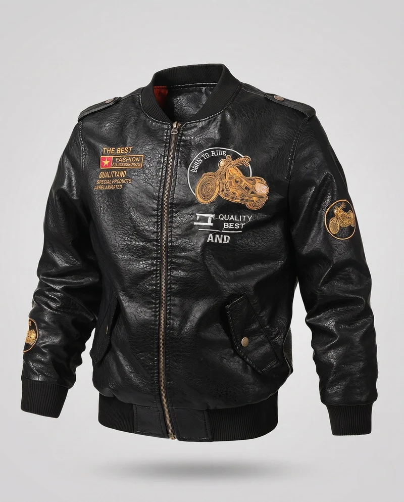 Männer Biker-Style Faux-Leder Bomberjacke mit gefüttertem Thermoinnenfutter und Stickerei-Anwendungen Nord Taschen