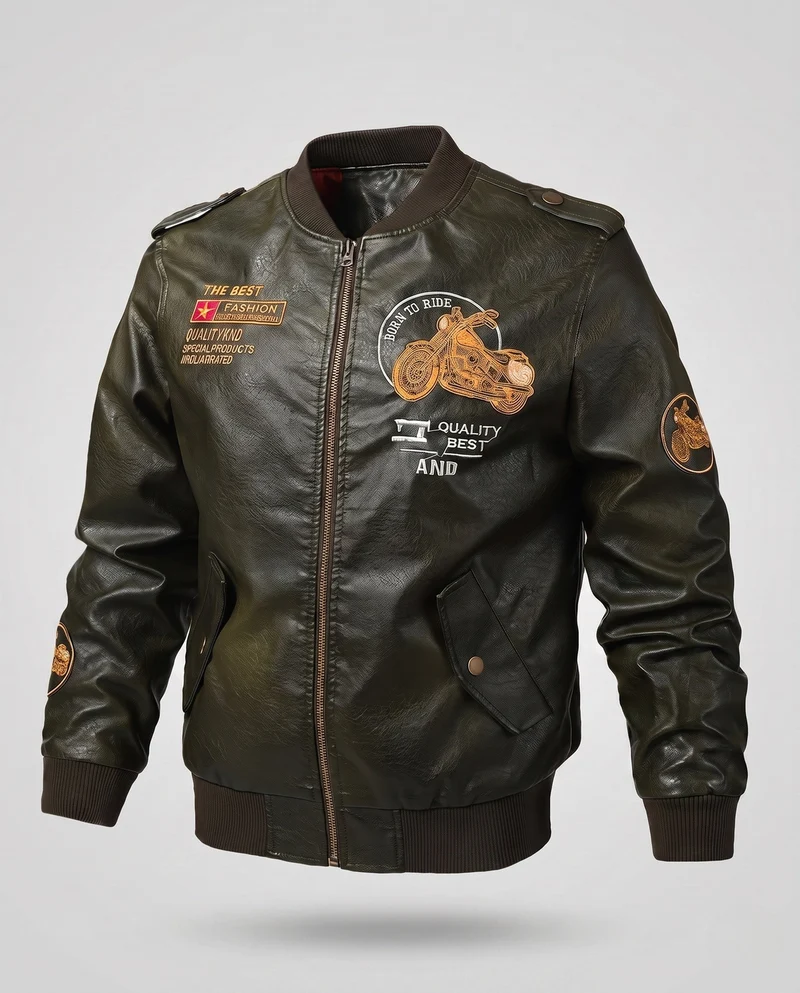 Männer Biker-Style Faux-Leder Bomberjacke mit gefüttertem Thermoinnenfutter und Stickerei-Anwendungen Nord Taschen