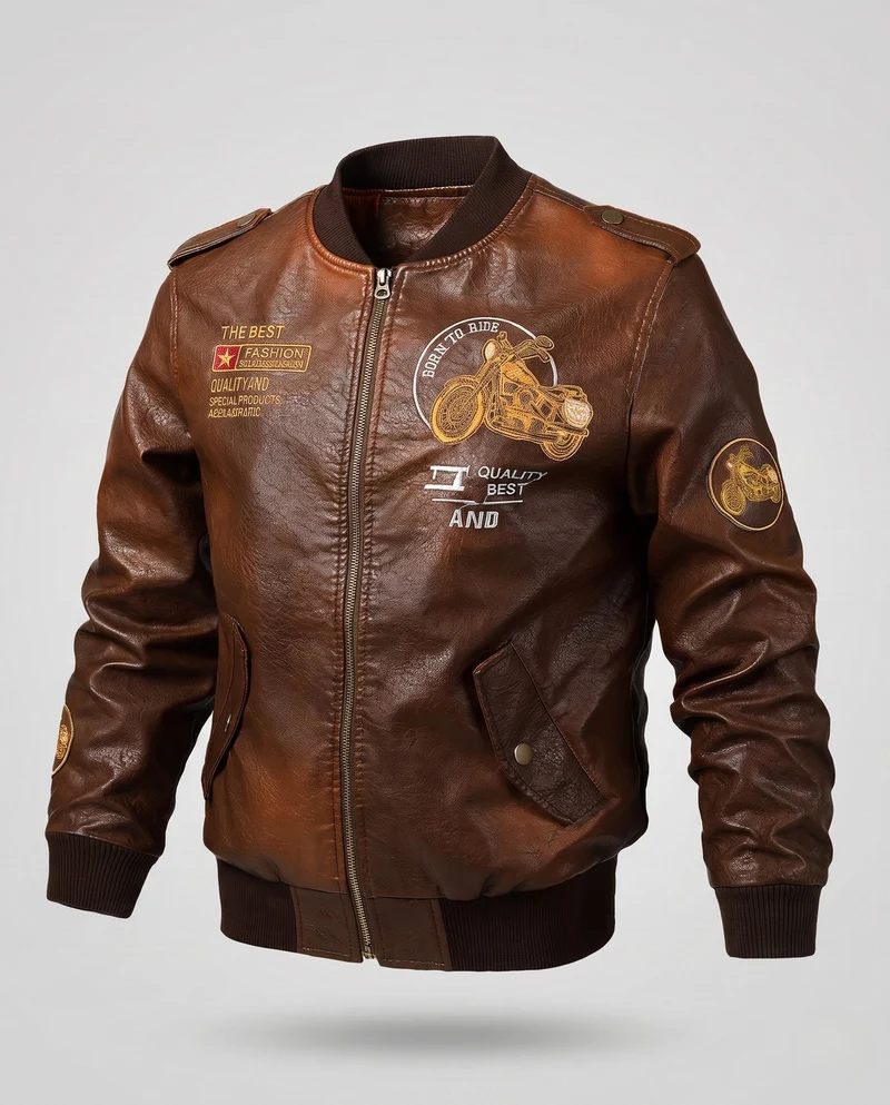 Männer Biker-Style Faux-Leder Bomberjacke mit gefüttertem Thermoinnenfutter und Stickerei-Anwendungen Nord Taschen
