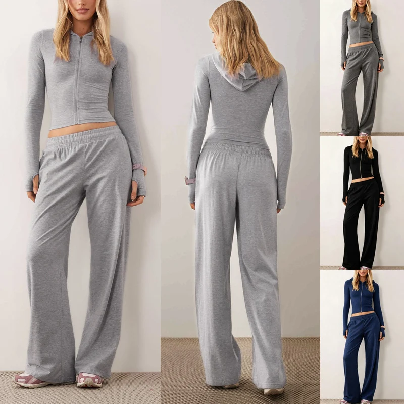 Damen Zweiteiliges Loungewear-Set geripptes Crop-Kapuzenoberteil mit Reißverschluss und Daumenloch sowie weiter Jogginghose Nord Taschen