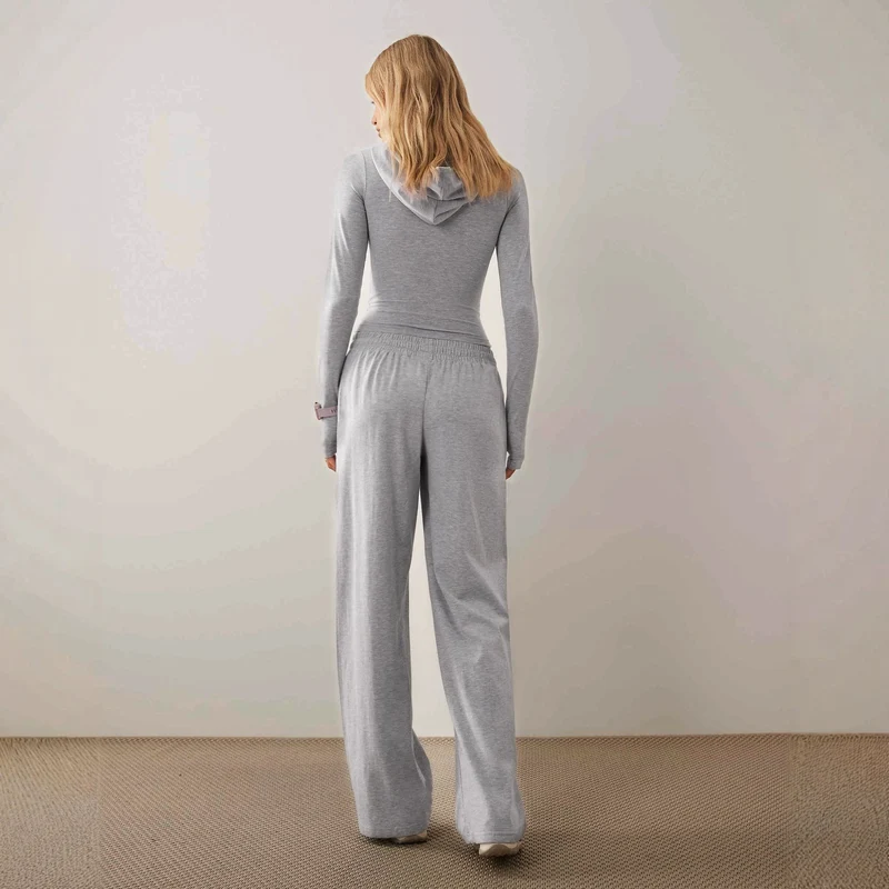 Damen Zweiteiliges Loungewear-Set geripptes Crop-Kapuzenoberteil mit Reißverschluss und Daumenloch sowie weiter Jogginghose Nord Taschen