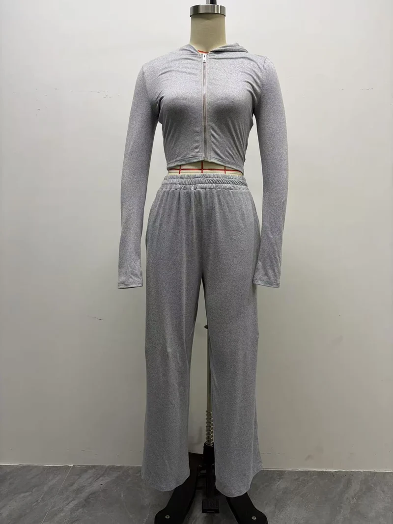 Damen Zweiteiliges Loungewear-Set geripptes Crop-Kapuzenoberteil mit Reißverschluss und Daumenloch sowie weiter Jogginghose Nord Taschen