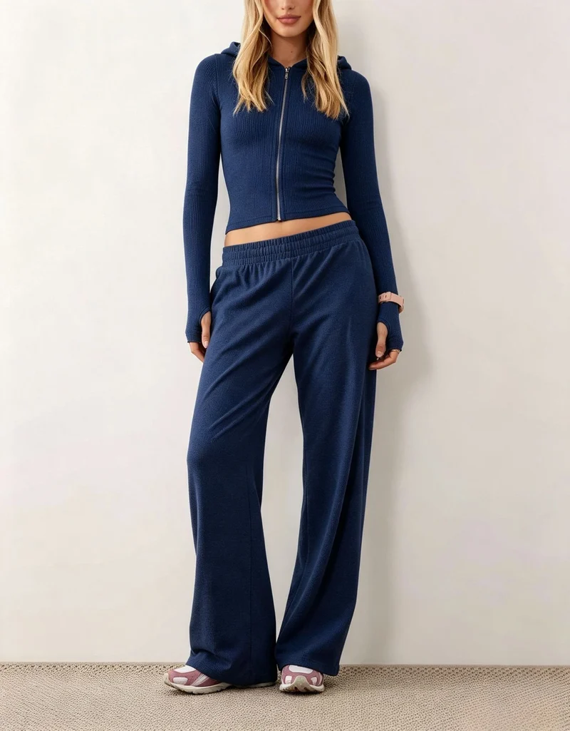 Damen Zweiteiliges Loungewear-Set geripptes Crop-Kapuzenoberteil mit Reißverschluss und Daumenloch sowie weiter Jogginghose Nord Taschen