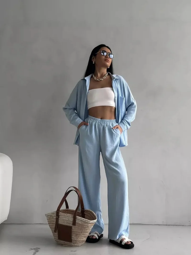 Damen Zweiteiliges Lounge-Set Oversize-Bluse mit Brusttasche und weiter Palazzo-Hose Nord Taschen