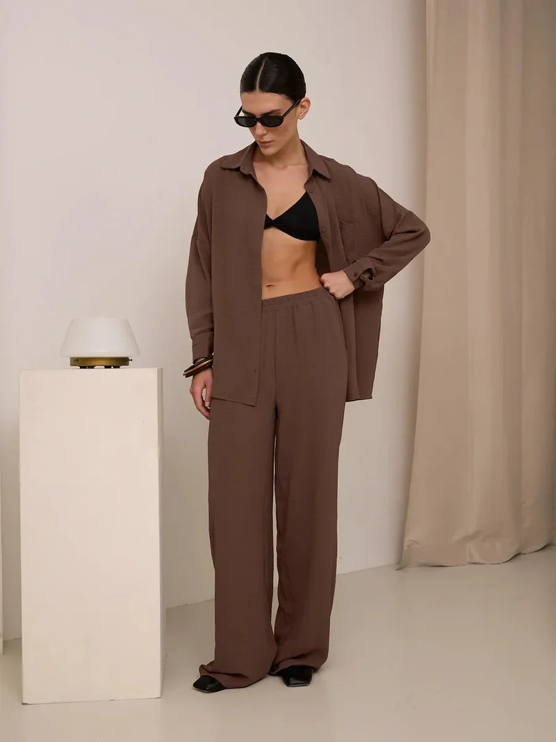 Damen Zweiteiliges Lounge-Set Oversize-Bluse mit Brusttasche und weiter Palazzo-Hose Nord Taschen