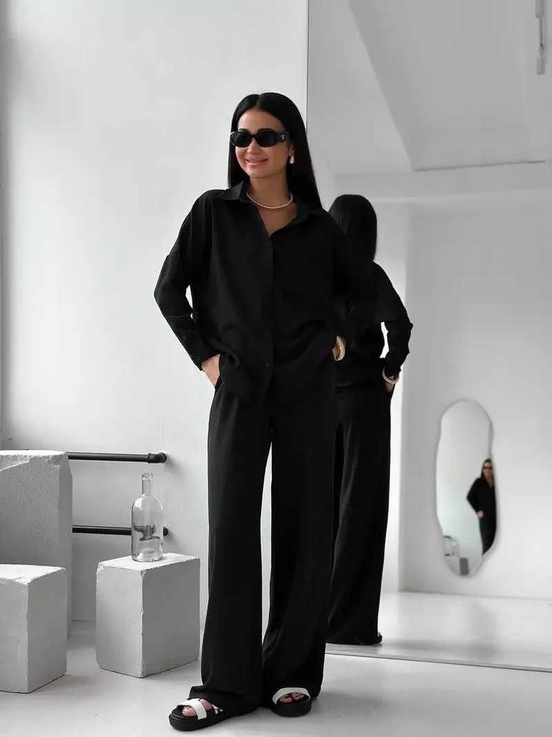 Damen Zweiteiliges Lounge-Set Oversize-Bluse mit Brusttasche und weiter Palazzo-Hose Nord Taschen