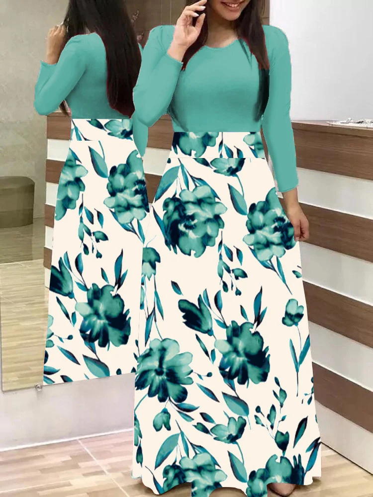 Damen Zweiteilig wirkendes Maxikleid mit figurbetontem Jersey-Oberteil und weitem Blumenrock Nord Taschen
