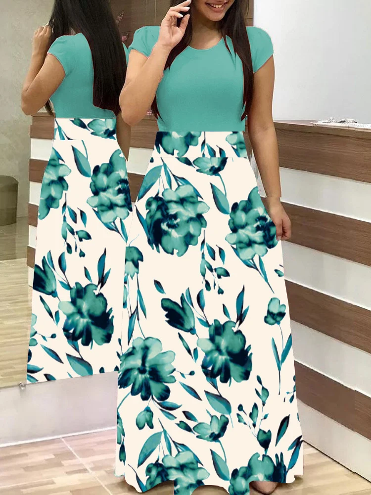 Damen Zweiteilig wirkendes Maxikleid mit figurbetontem Jersey-Oberteil und weitem Blumenrock Nord Taschen
